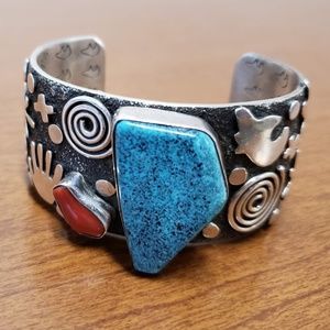 Native American Turquoise-Red Coral Cuff Bracelet
